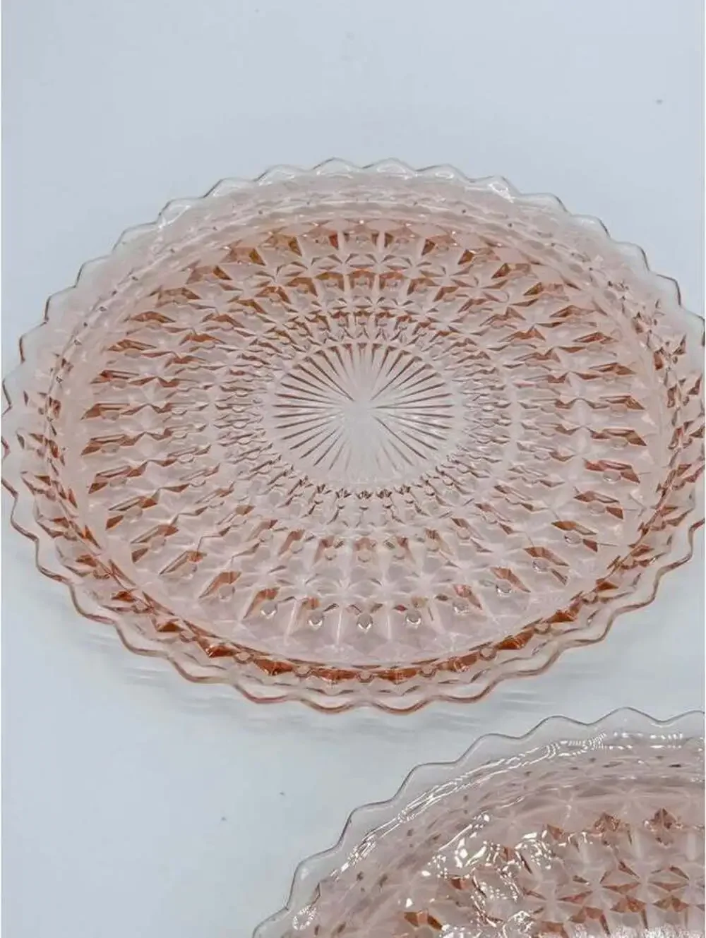 2 Vintage Jeannette Holiday Buttons & Bows Pink Glass Plates 10.25”